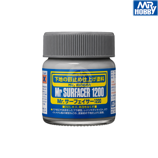 Grey Mr.Surfacer 1200 GSI Creos paint bottle for surface primer and smoothing in model building.