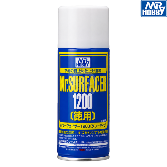 Grey Mr. Surfacer 1200 aerosol spray can by GSI Creos, used for surface preparation in model painting projects.