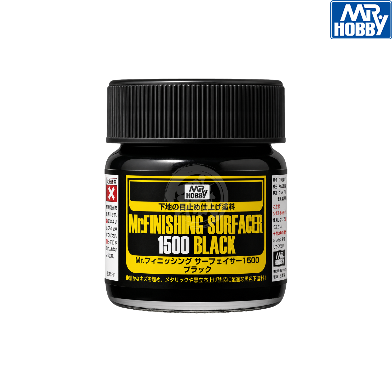 Black Mr. Finishing Surfacer 1500 paint by GSI Creos, shown in a bottle with a black cap and label, used for model finishing.