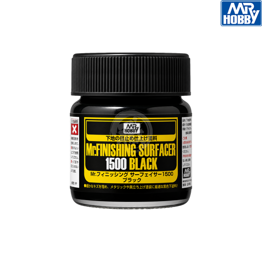 Black Mr. Finishing Surfacer 1500 paint by GSI Creos, shown in a bottle with a black cap and label, used for model finishing.