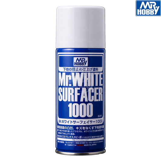 GSI Creos Mr.White Surfacer 1000 aerosol spray can for model painting, featuring white primer with aerosol spray nozzle.