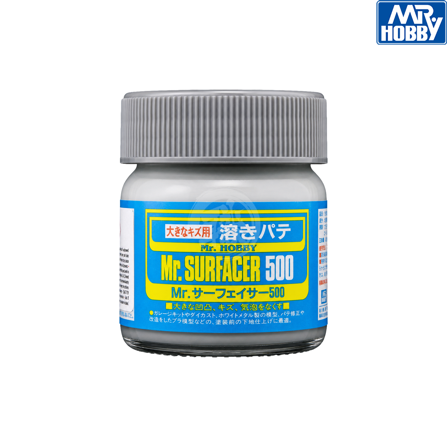 Grey Mr. Surfacer 500 paint by GSI Creos, shown in a bottle with a label and brush for model surface preparation.