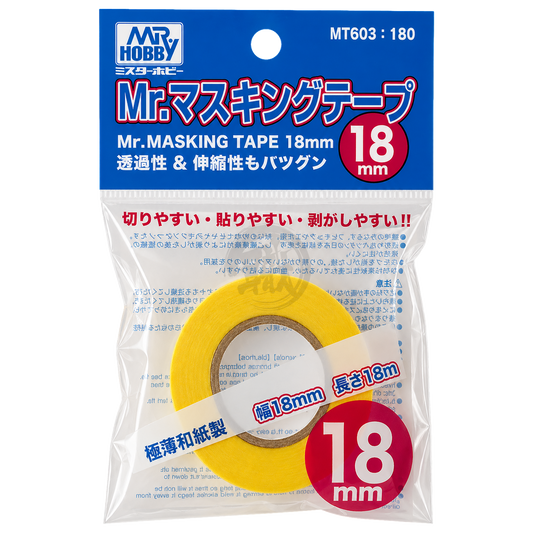 GSI Creos Mr. Masking Tape 18mm for coloring and painting, shown in a roll with a smooth adhesive surface.