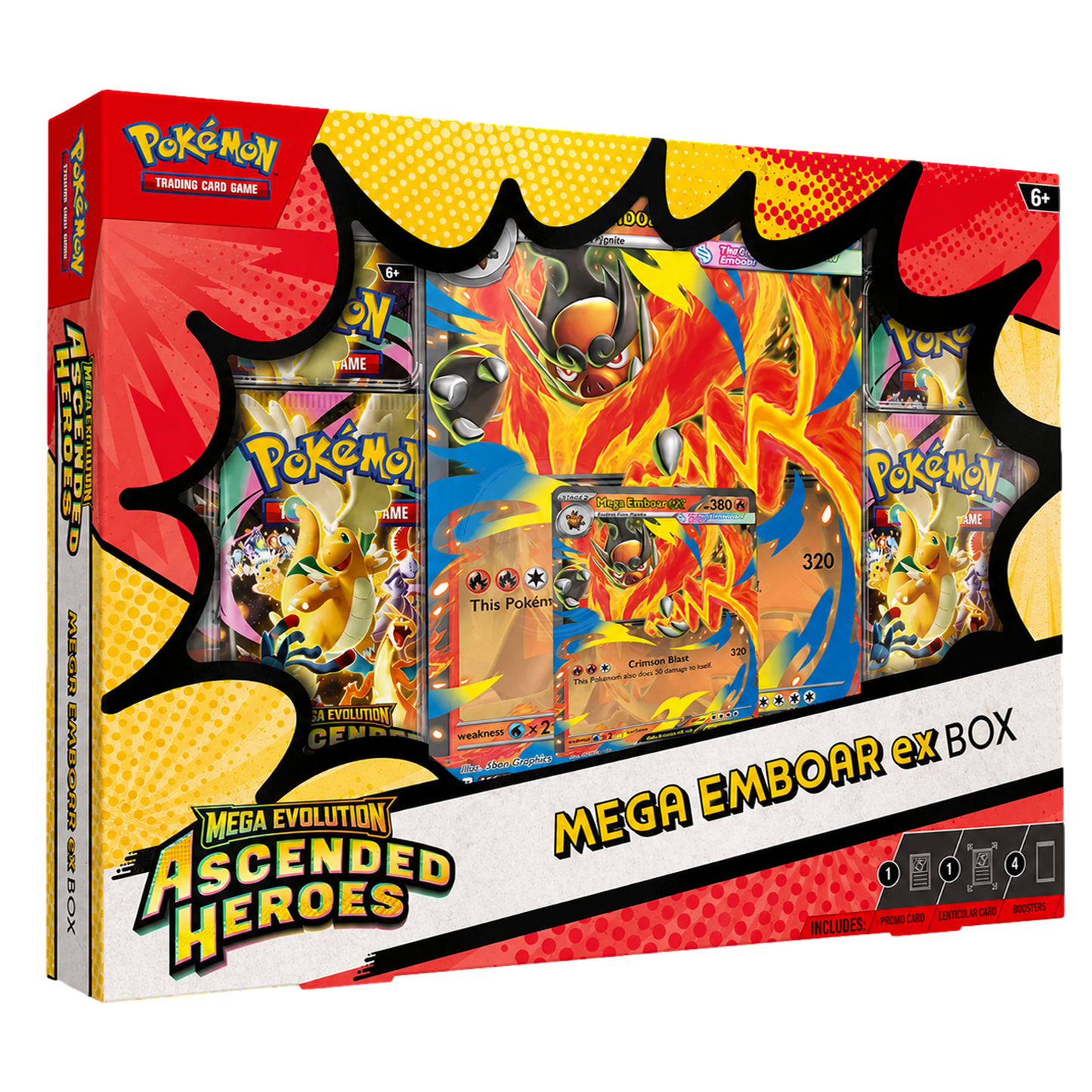 Pokemon TCG Mega Emboar ex box featuring artwork and cards from the Ascended Heroes set, showcasing Mega Emboar and related game items.
