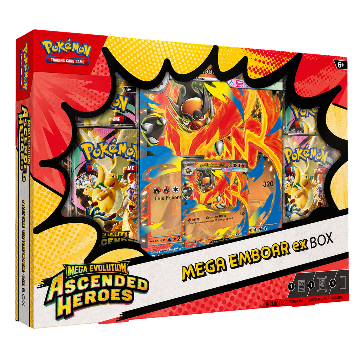 Pokemon TCG Mega Emboar ex box featuring artwork and cards from the Ascended Heroes set, showcasing Mega Emboar and related game items.