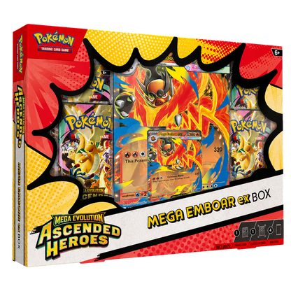 Pokemon TCG Mega Emboar ex box featuring artwork and cards from the Ascended Heroes set, showcasing Mega Emboar and related game items.