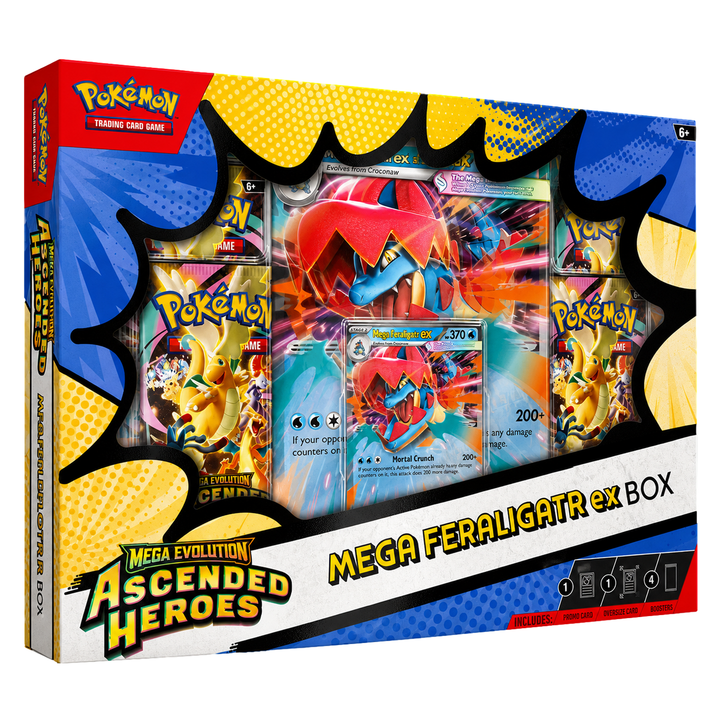 Pokemon TCG Mega Feraligatr ex box featuring artwork of Mega Feraligatr ex with cards and packaging details visible.