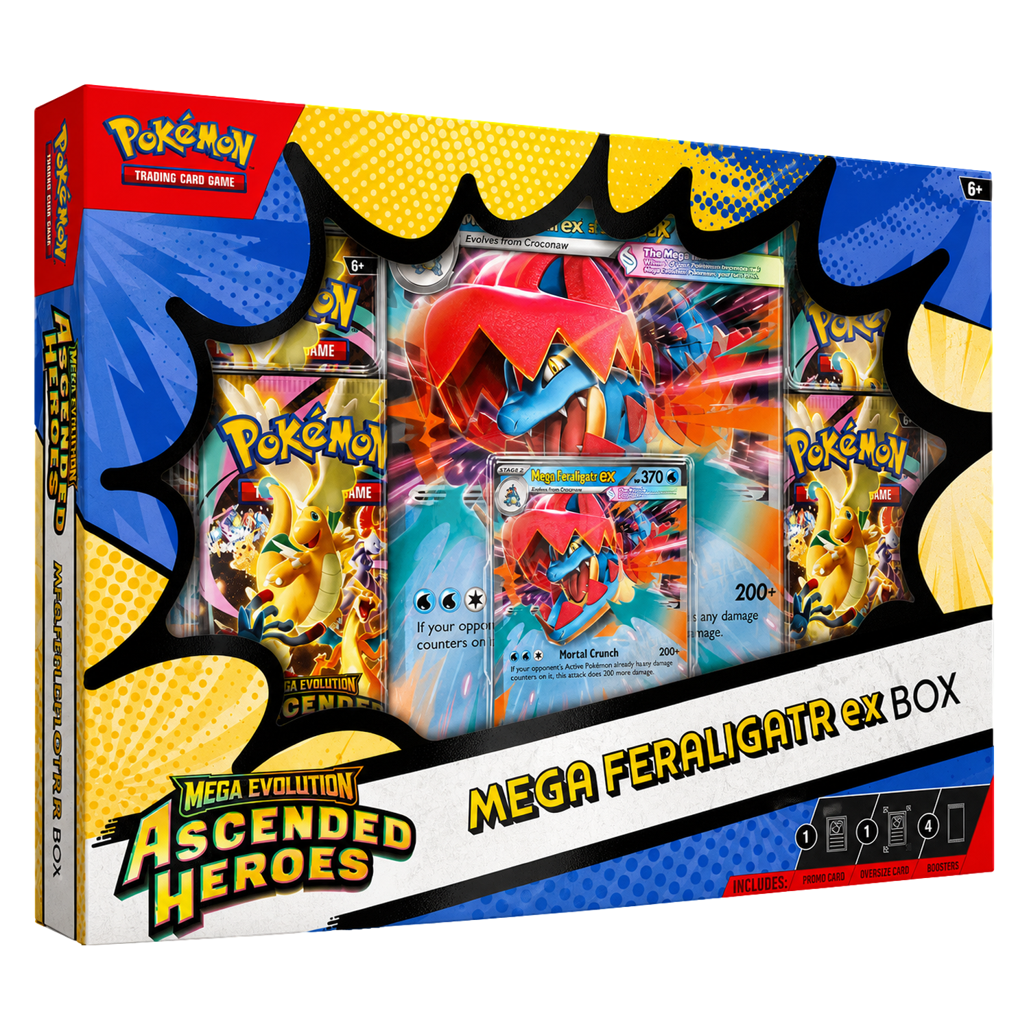 Pokemon TCG Mega Feraligatr ex box featuring artwork of Mega Feraligatr ex with cards and packaging details visible.