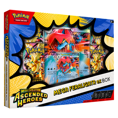 Pokemon TCG Mega Feraligatr ex box featuring artwork of Mega Feraligatr ex with cards and packaging details visible.