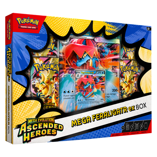 Pokemon TCG Mega Feraligatr ex box featuring artwork of Mega Feraligatr ex with cards and packaging details visible.