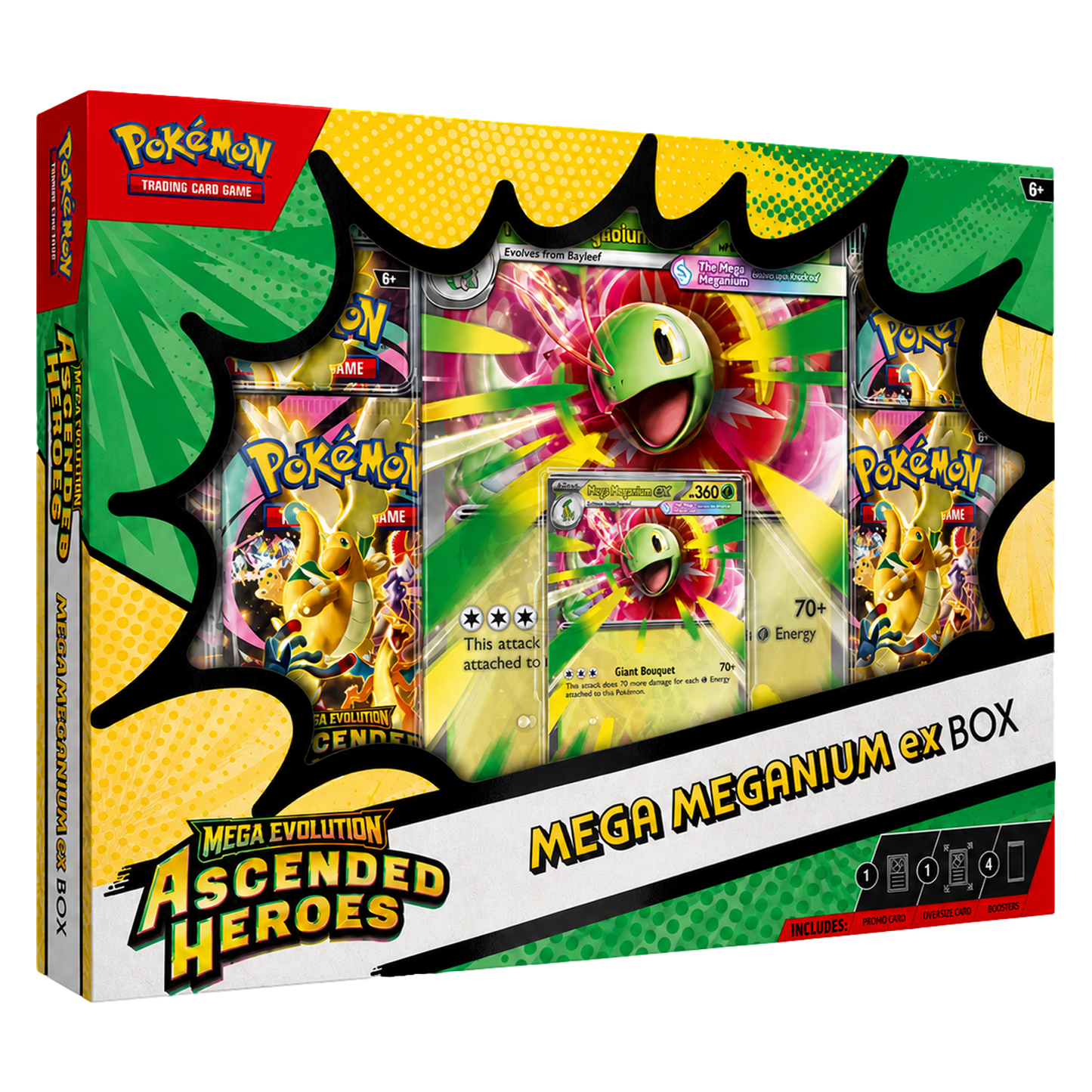 Pokemon TCG Mega Meganium ex Box featuring collectible Mega Meganium ex cards and booster packs from the Ascended Heroes set.