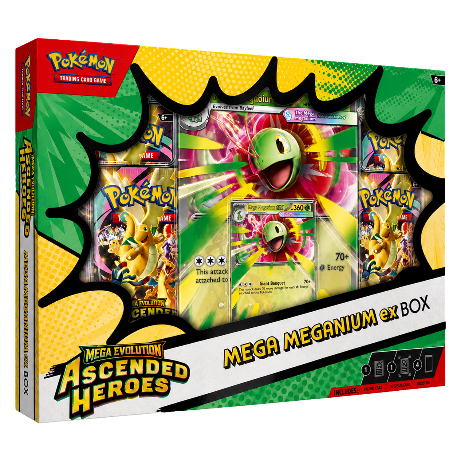 Pokemon TCG Mega Meganium ex Box featuring collectible Mega Meganium ex cards and booster packs from the Ascended Heroes set.
