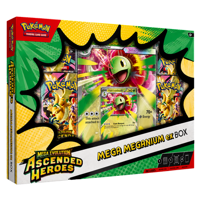 Pokemon TCG Mega Meganium ex Box featuring collectible Mega Meganium ex cards and booster packs from the Ascended Heroes set.