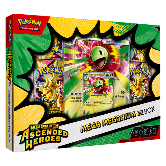 Pokemon TCG Mega Meganium ex Box featuring collectible Mega Meganium ex cards and booster packs from the Ascended Heroes set.