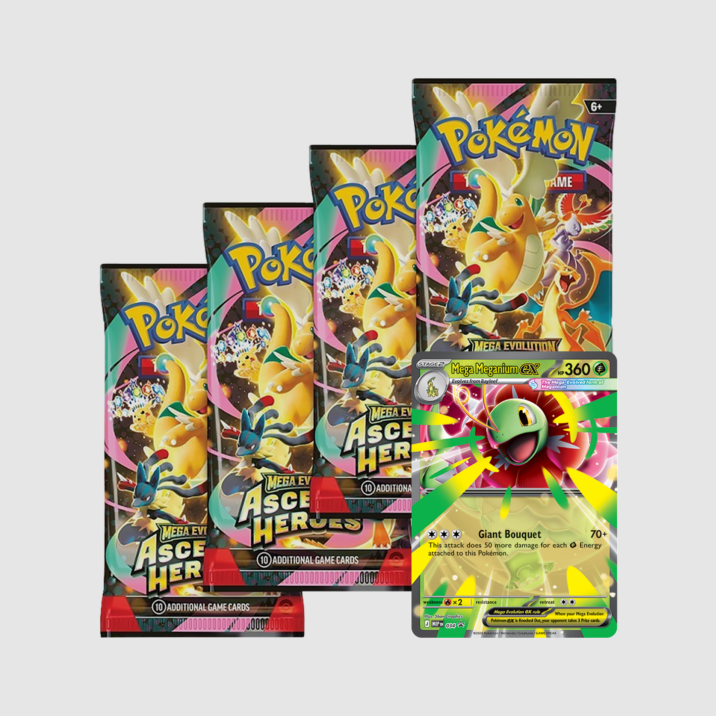 Pokemon TCG Ascended Heroes Mega Meganium ex Box featuring Meganium ex card and booster packs from the Pokemon brand.