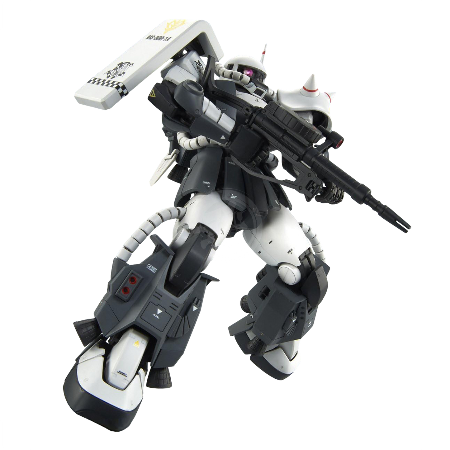 Bandai MG Zaku II High Mobility Type model kit with detailed custom paint and design by Eric Manthfield, displayed in assembled form.