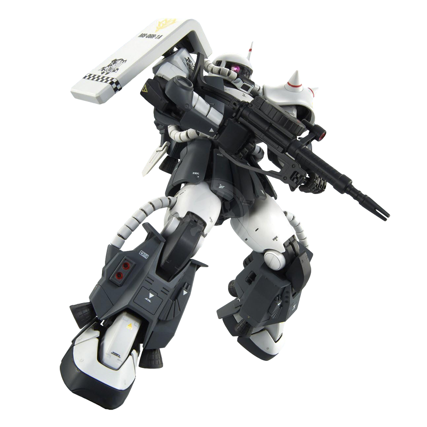 Bandai MG Zaku II High Mobility Type model kit with detailed custom paint and design by Eric Manthfield, displayed in assembled form.