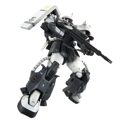 Bandai MG Zaku II High Mobility Type model kit with detailed custom paint and design by Eric Manthfield, displayed in assembled form.