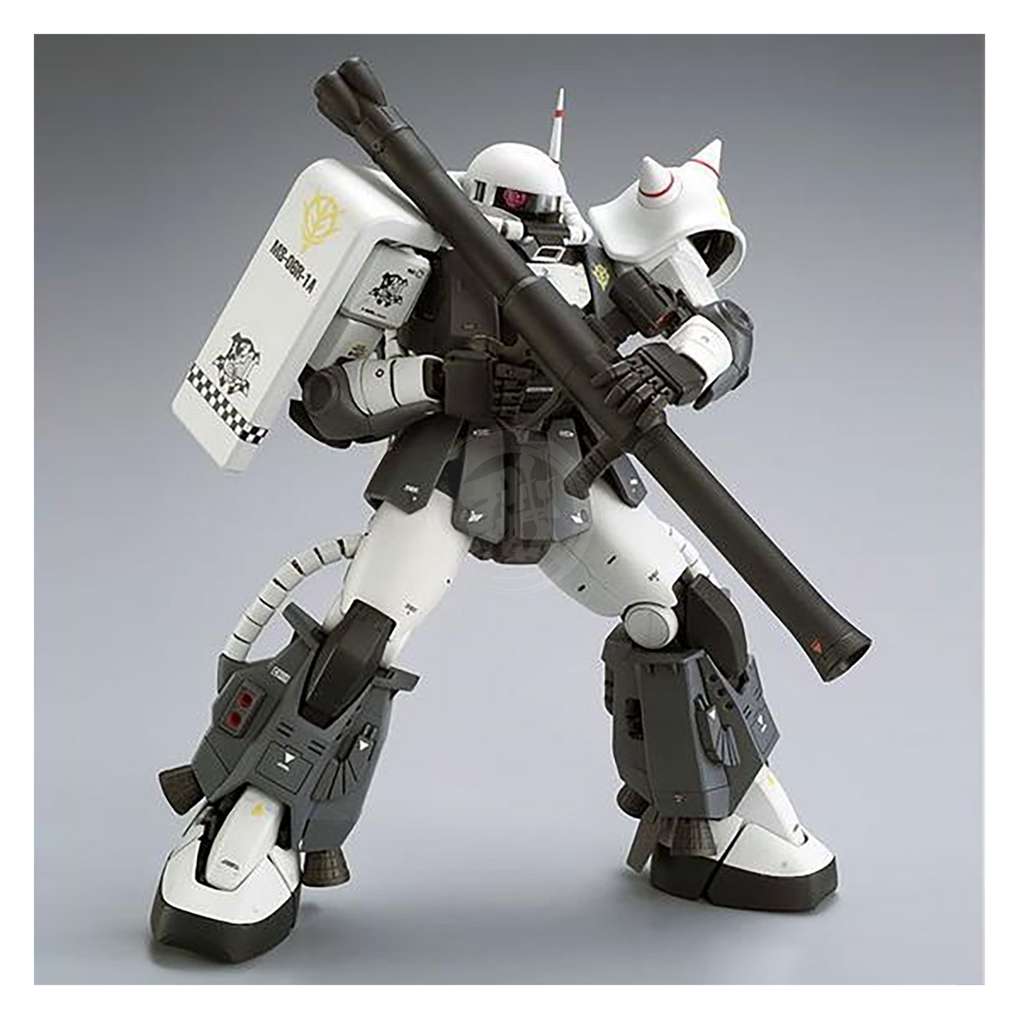Bandai MG Zaku II High Mobility Type model kit featuring detailed custom design by Eric Manthfield, shown assembled and painted.