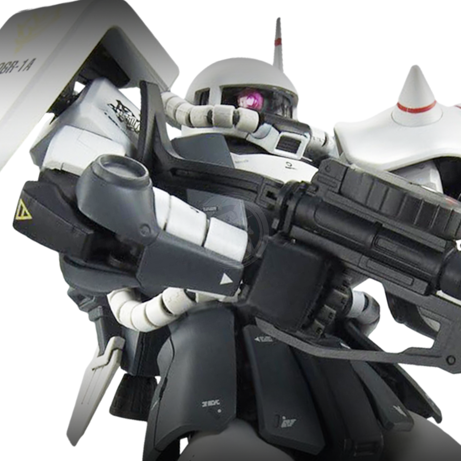 Bandai MG Zaku II High Mobility Type model kit customized by Eric Manthfield, shown assembled with detailed armor and weaponry.