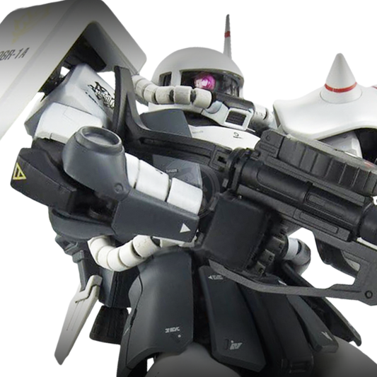 Bandai MG Zaku II High Mobility Type model kit customized by Eric Manthfield, shown assembled with detailed armor and weaponry.