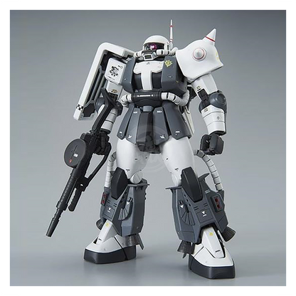 Bandai MG Zaku II High Mobility Type model kit featuring detailed custom design by Eric Manthfield, displayed in a dynamic pose.