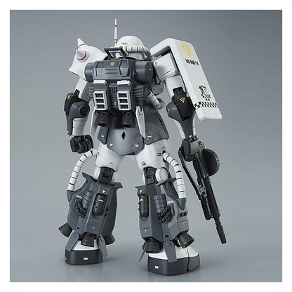 Bandai MG Zaku II High Mobility Type model kit featuring detailed custom paint and articulation, displayed in a dynamic pose.