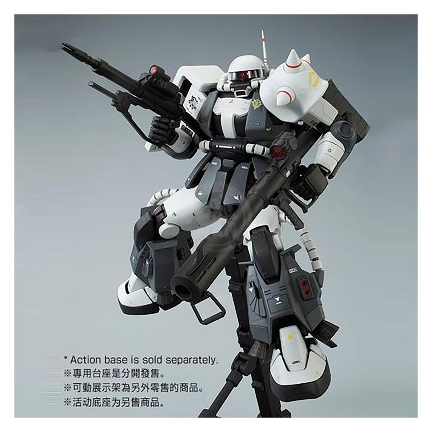 Bandai MG Zaku II High Mobility Type model kit painted by Eric Manthfield, featuring detailed armor and weapon accessories.