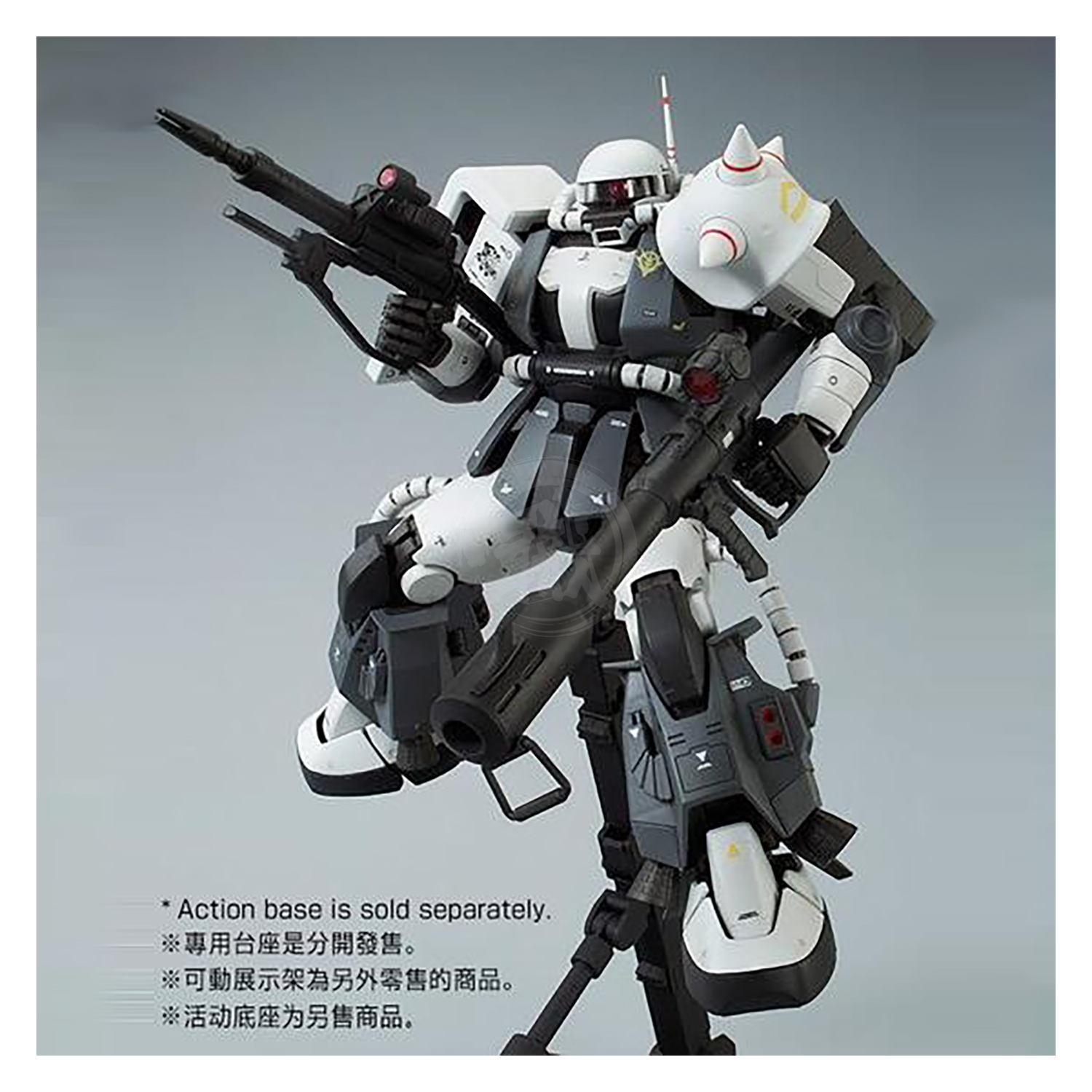Bandai MG Zaku II High Mobility Type model kit painted by Eric Manthfield, featuring detailed armor and weapon accessories.