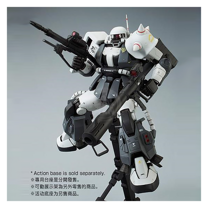 Bandai MG Zaku II High Mobility Type model kit painted by Eric Manthfield, featuring detailed armor and weapon accessories.
