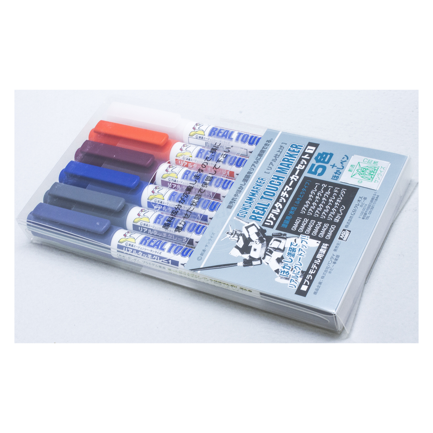 GSI Creos Gundam Marker Real Touch Marker Set 1 with various coloring pens for model customization, displayed on a white background.