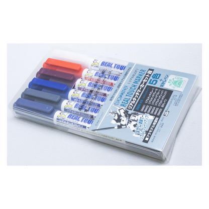 GSI Creos Gundam Marker Real Touch Marker Set 1 with various coloring pens for model customization, displayed on a white background.