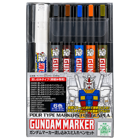 Gundam Marker Pour Type for Panel Lines Set by GSI Creos, featuring precision coloring tools for model panel detailing.