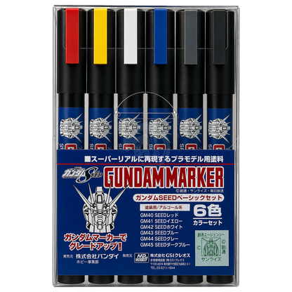 GSI Creos Gundam Marker Seed Basic Set for model coloring, featuring various markers and tools for Gundam and Gunpla customization.