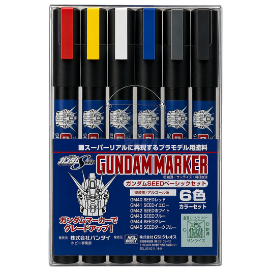 GSI Creos Gundam Marker Seed Basic Set for model coloring, featuring various markers and tools for Gundam and Gunpla customization.