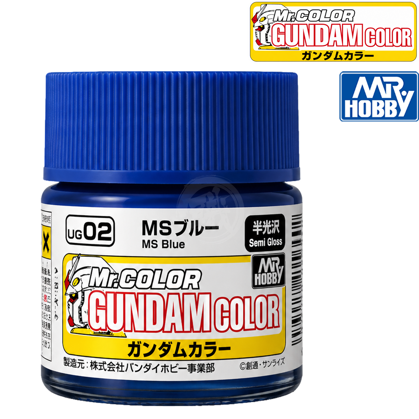 Blue paint bottle from GSI Creos MS Blue series, featuring the UG02 color cover and product label.