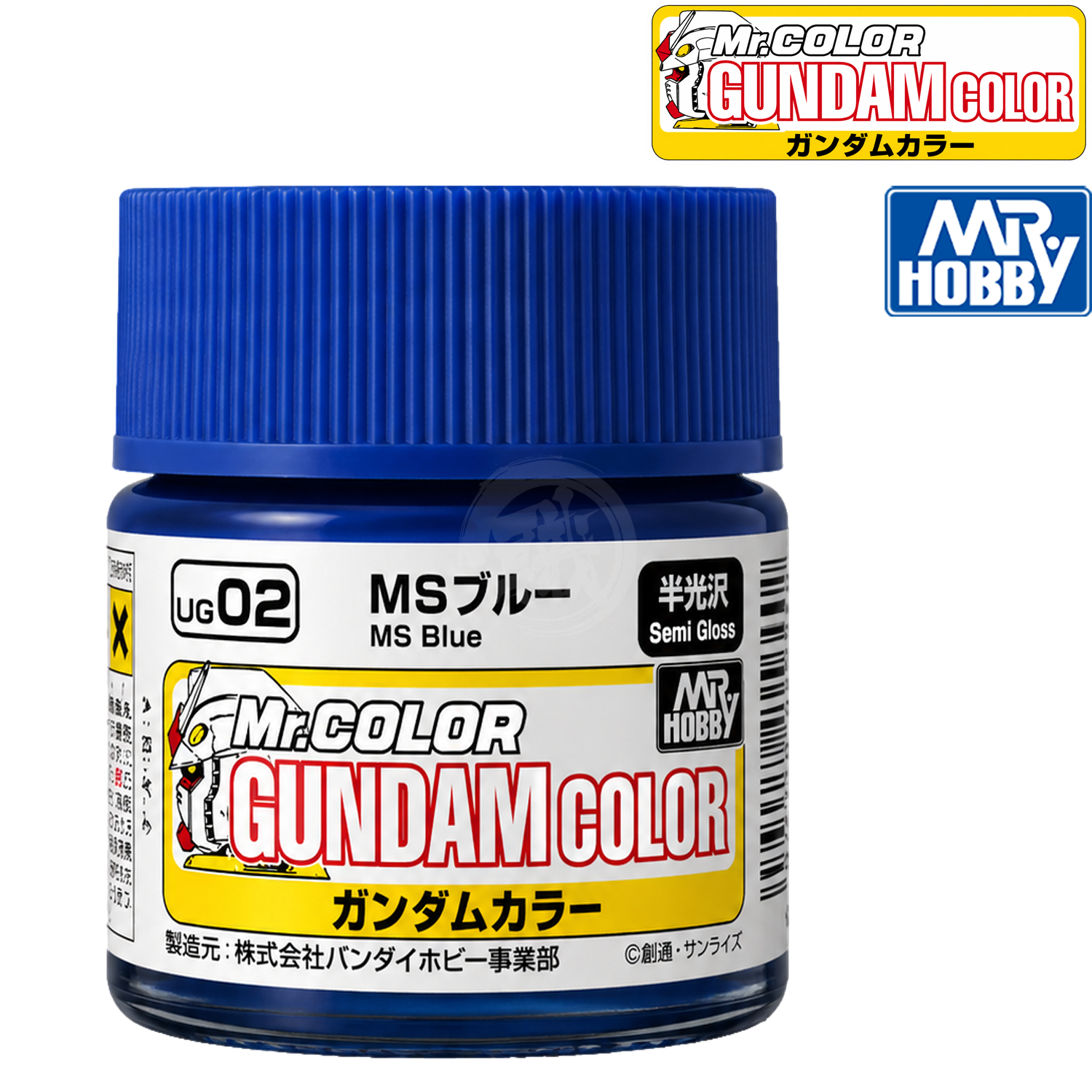 Blue paint bottle from GSI Creos MS Blue series, featuring the UG02 color cover and product label.