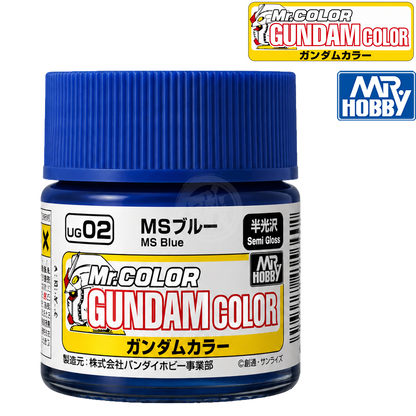 Blue paint bottle from GSI Creos MS Blue series, featuring the UG02 color cover and product label.