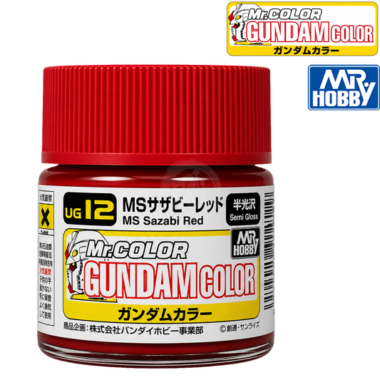 Close-up of GSI Creos MS Sazabi Red paint bottle for model painting, featuring the label and color cap.