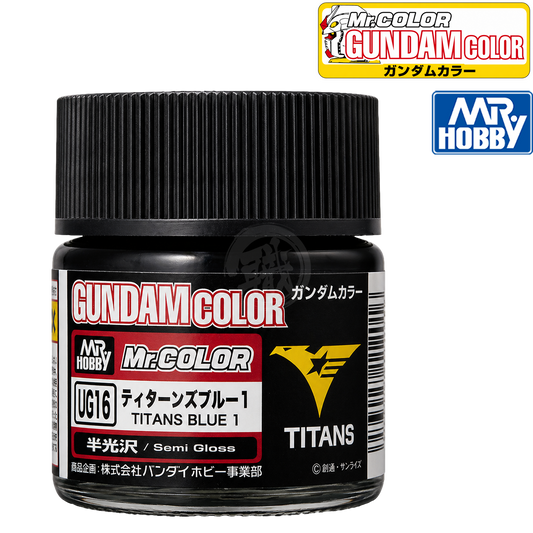 Blue paint bottle from GSI Creos TITANS series, labeled UG16, with a clear cap and product label visible.