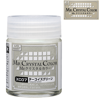 Turquoise green GSI Creos paint bottle from the XC07 collection, featuring a vibrant, color-filled label and cap.
