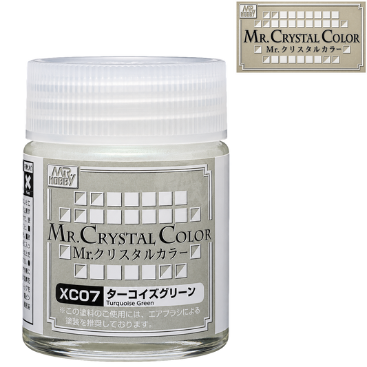 Turquoise green GSI Creos paint bottle from the XC07 collection, featuring a vibrant, color-filled label and cap.