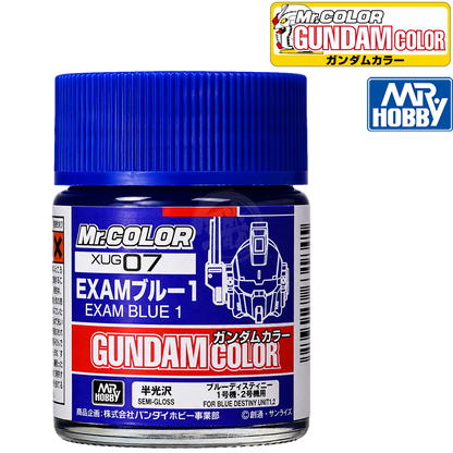 Blue paint bottle from GSI Creos's Exam Blue 1 series, featuring a clear label and vibrant blue color.