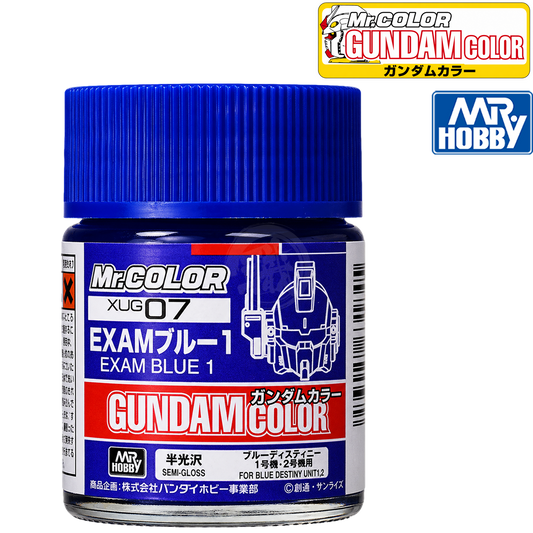 Blue paint bottle from GSI Creos's Exam Blue 1 series, featuring a clear label and vibrant blue color.