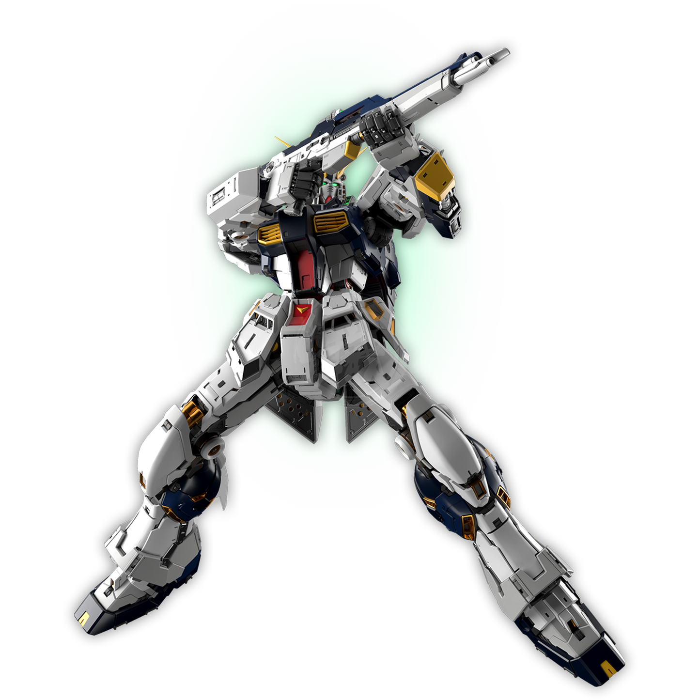 Bandai PGU Nu Gundam model kit with detailed beam rifle and scale copy, showcasing intricate design and accessories.
