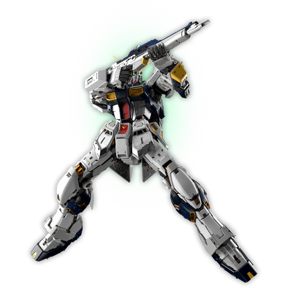 Bandai PGU Nu Gundam model kit with detailed beam rifle and scale copy, showcasing intricate design and accessories.