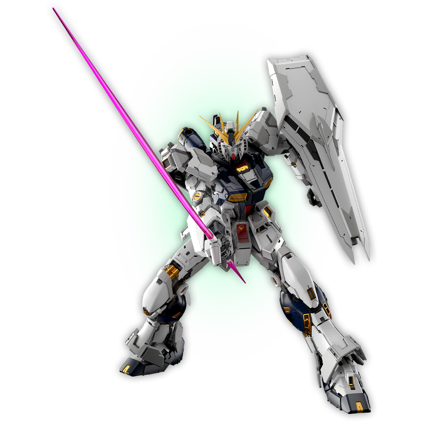 Bandai PGU Nu Gundam model kit with a detailed beam saber weapon in hand, ready for assembly and display.