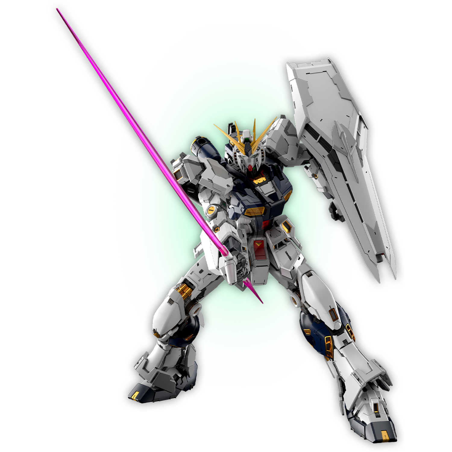 Bandai PGU Nu Gundam model kit with a detailed beam saber weapon in hand, ready for assembly and display.