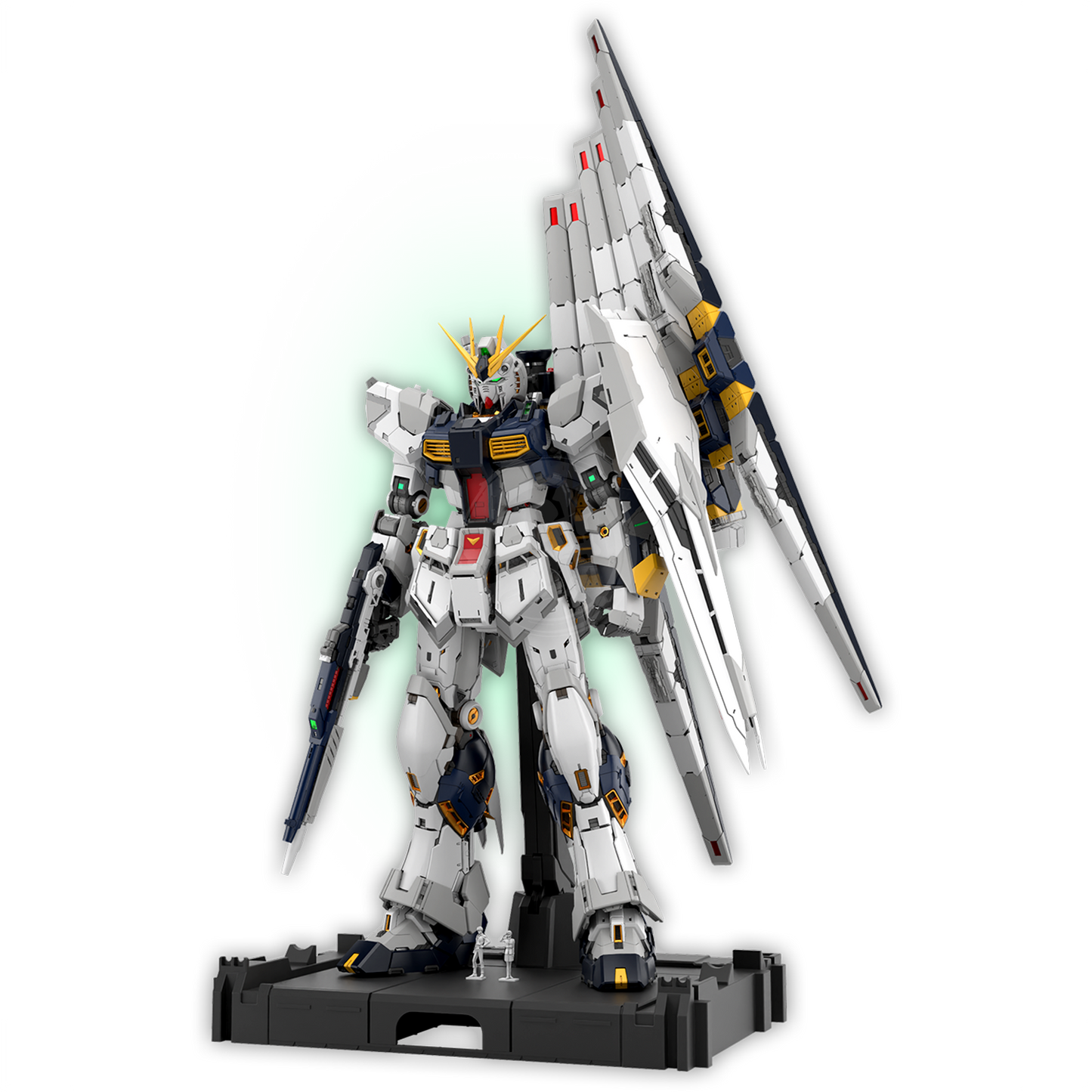 Bandai PGU Nu Gundam model kit assembled with detailed armor and weapon features, displayed on a plain background.