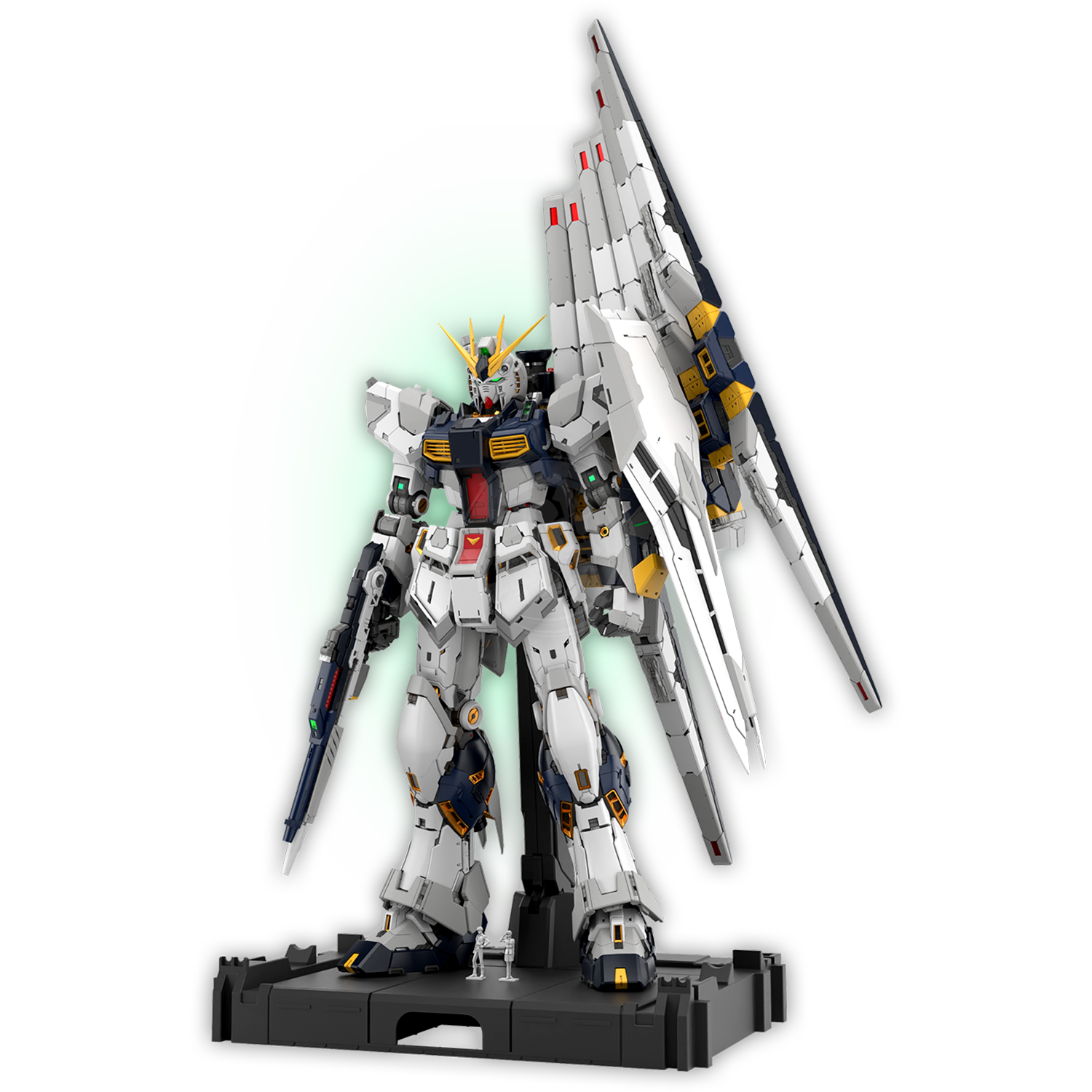 Bandai PGU Nu Gundam model kit assembled with detailed armor and weapon features, displayed on a plain background.